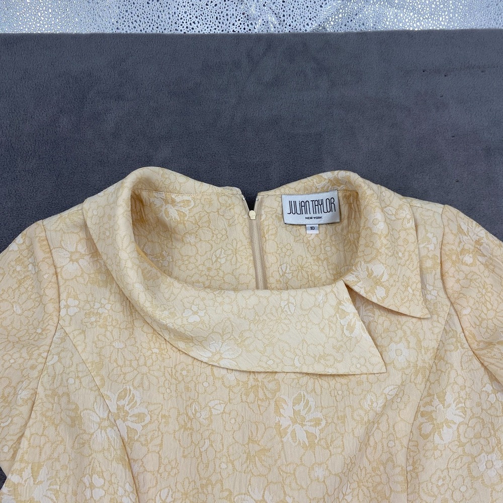 Julian Taylor Sheath Dress Womens 10 Pastel Yellow Floral Jacquard Peplum Retro - Picture 3 of 8